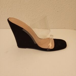 Fashion Nova Black Faux Suede Clear Straps 4 1/2" Wedge Heels sz 9